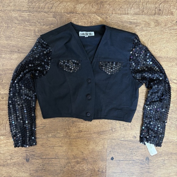Switch Remarkable Jackets & Blazers - Vintage 80s Black Sequin Embellished Cropped Bolero Jacket Brand Switch Medium